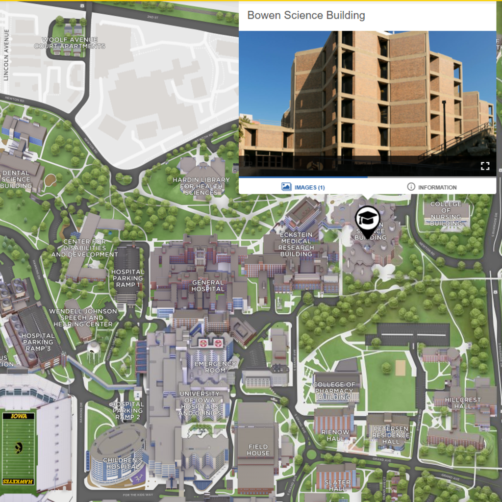 map of University of Iowa with Bowen Science Building
